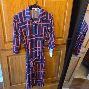 Maggy London Long Sleeve Dress with Navy and Pink Geometric Design